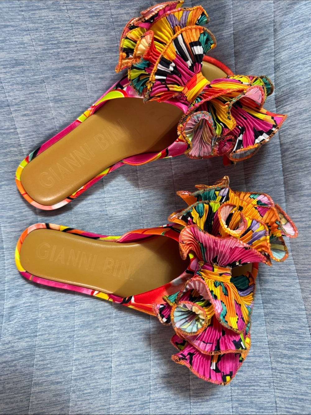 Gianni Bini Pink Multicolor Ruffle Bow Slide Sandals